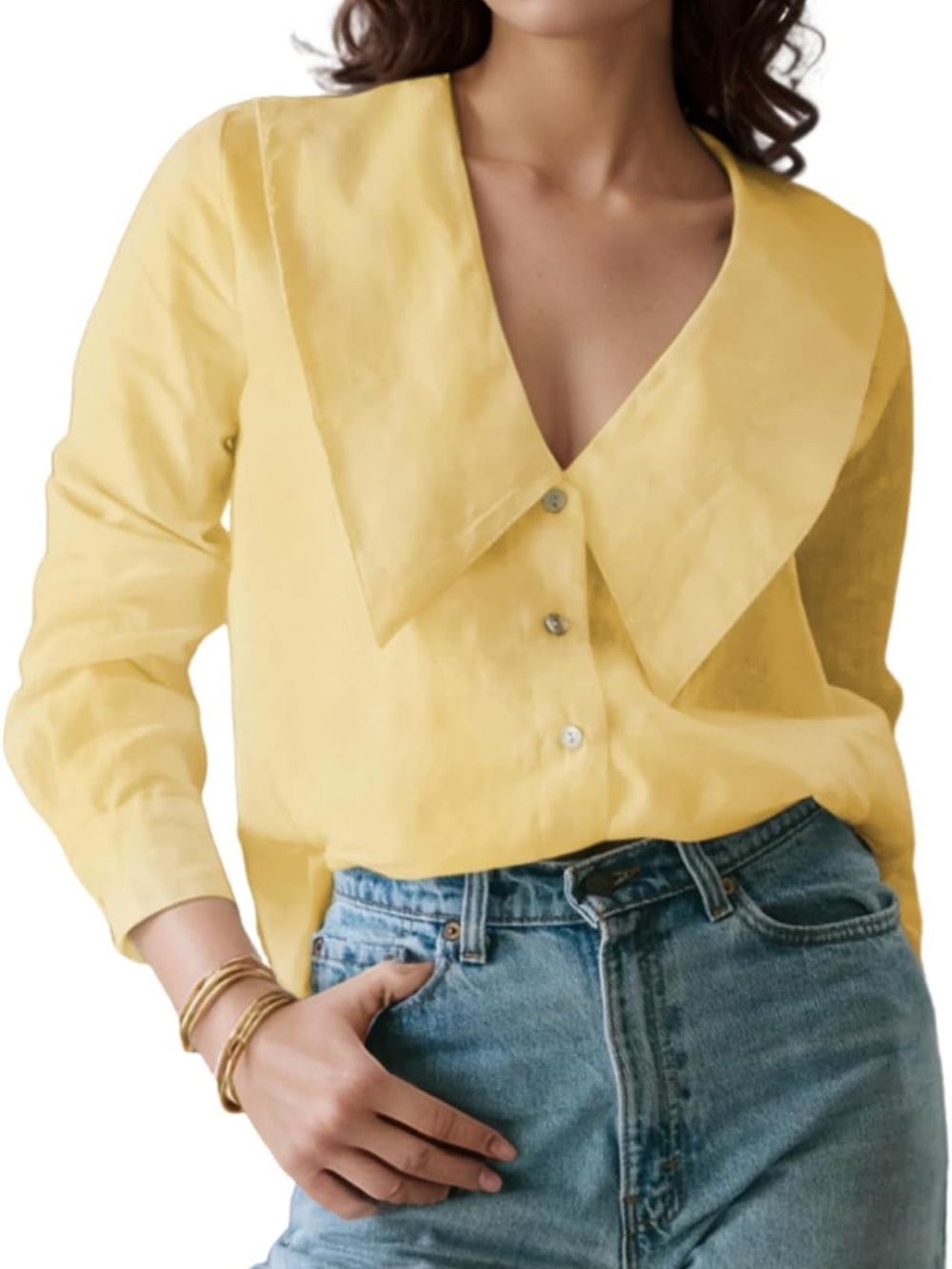 Amazon Yellow V-Neck Button Front Blouse with Wide Collar